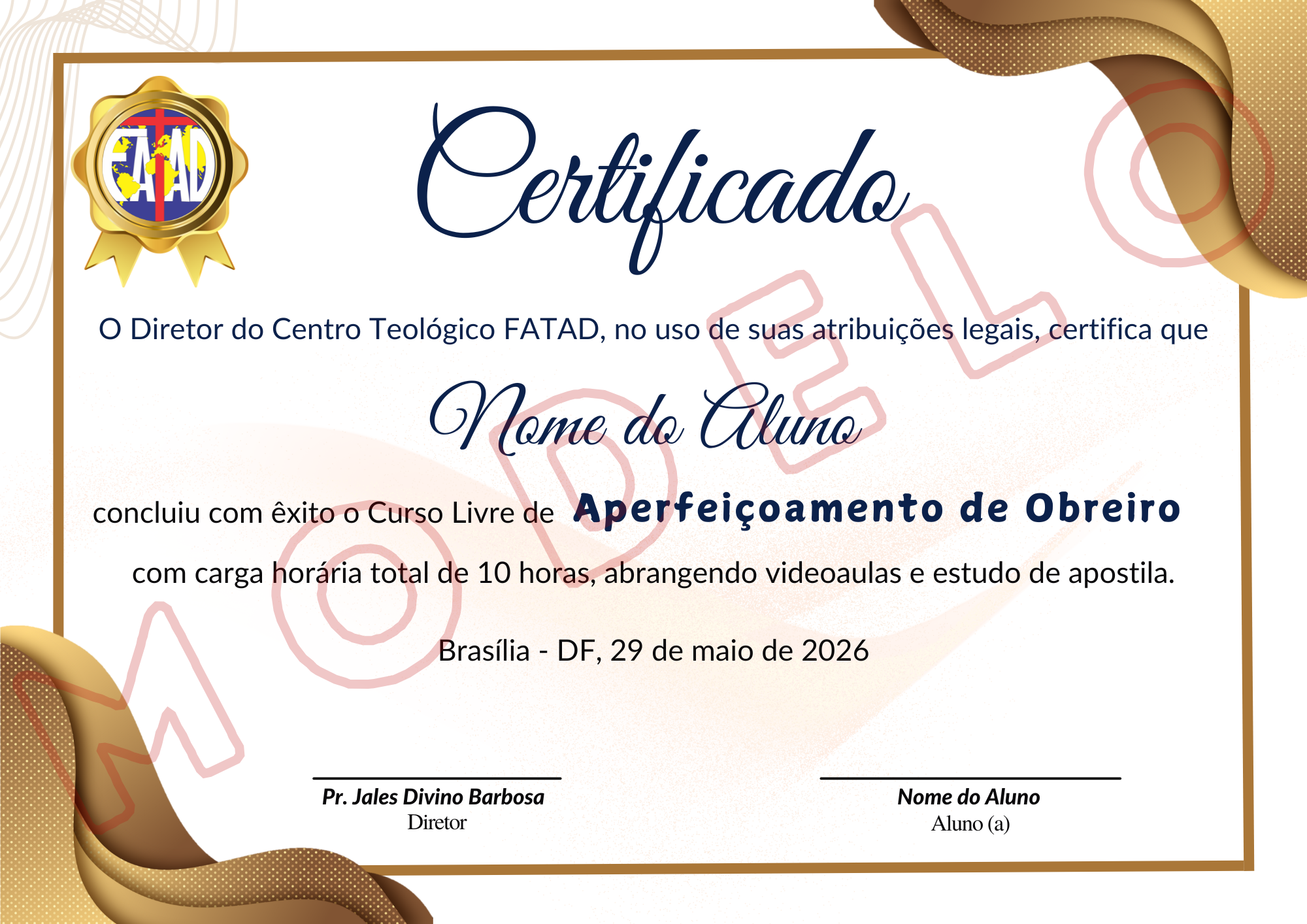 Modelo do Certificado de Obreiro FATAD